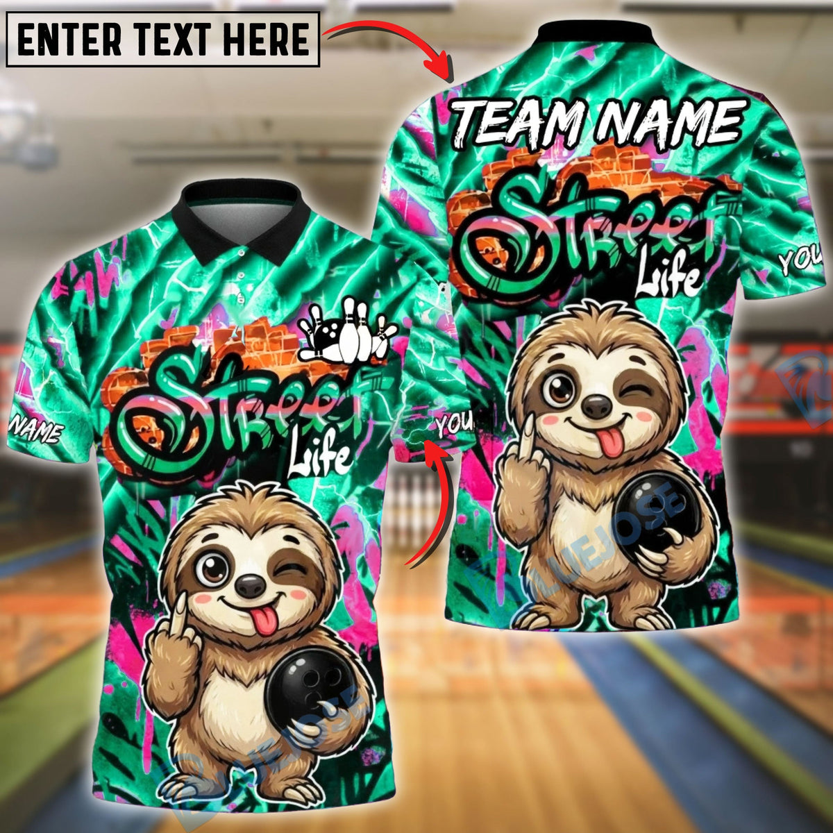 BlueJose Bowling & Pins Street Life Sloth Neon Graffiti Customized Name, Team Name 3D Shirt (4 Colors)