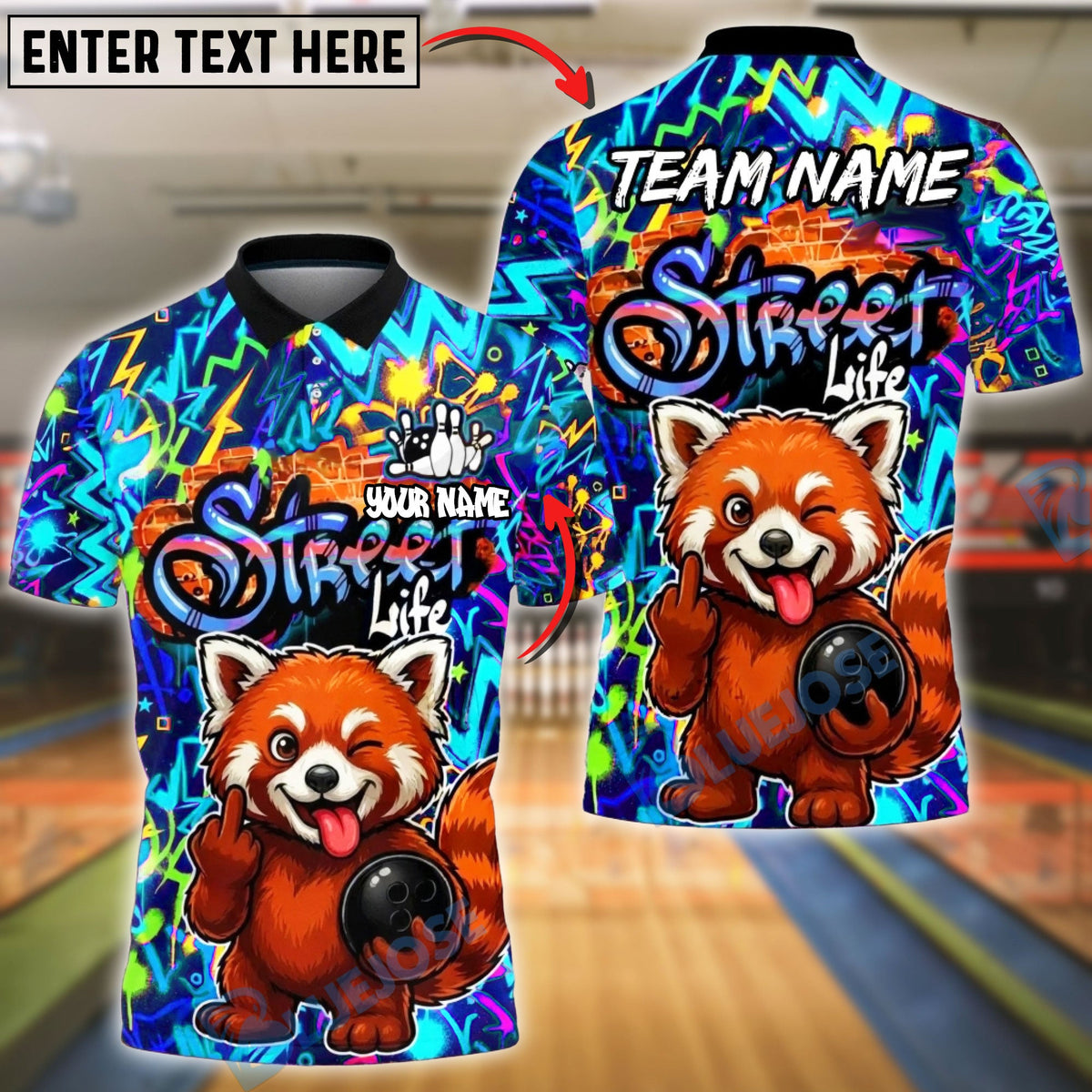 BlueJose Bowling & Pins Street Life Raccoon Neon Splash Customized Name, Team Name 3D Shirt (4 Colors)