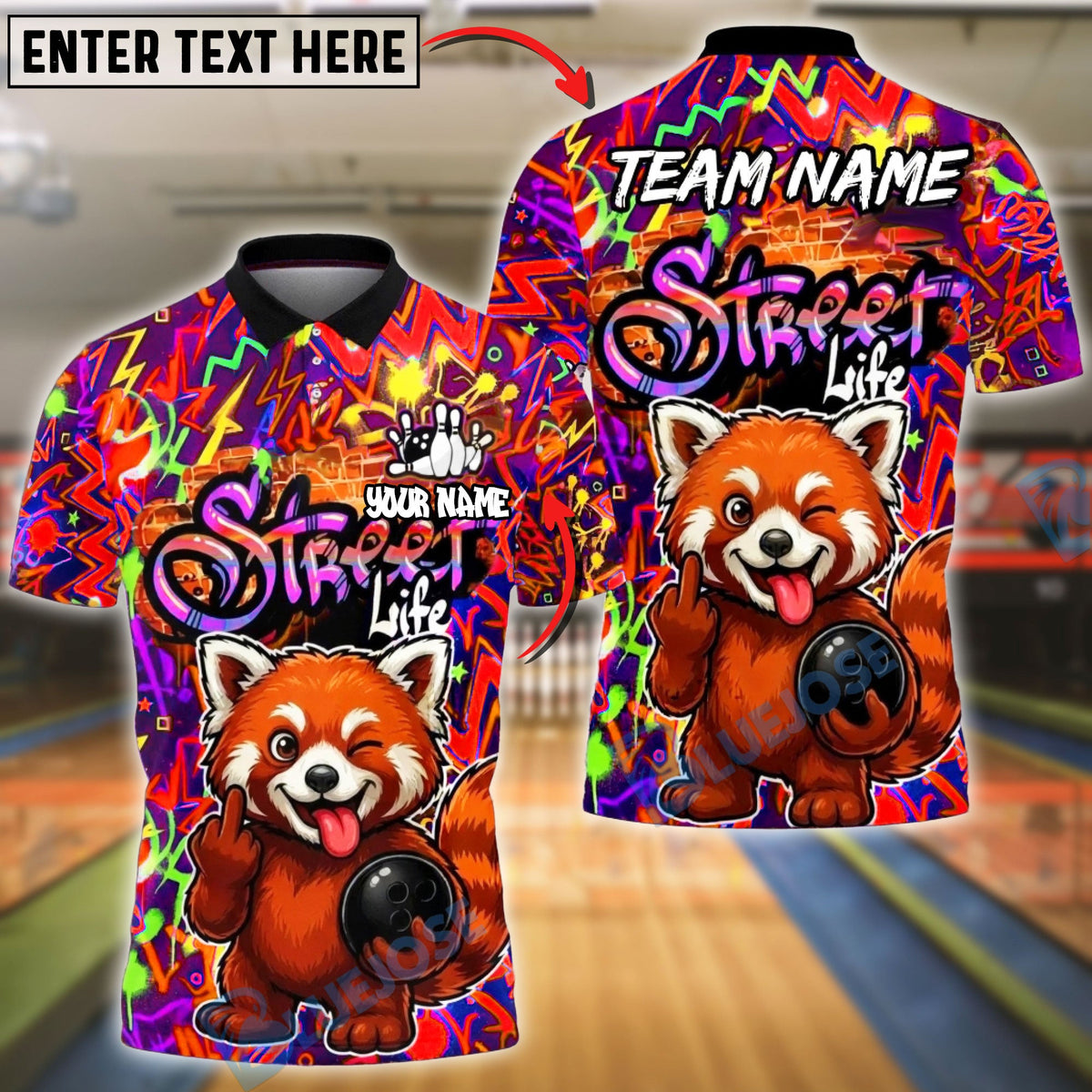 BlueJose Bowling & Pins Street Life Raccoon Neon Splash Customized Name, Team Name 3D Shirt (4 Colors)