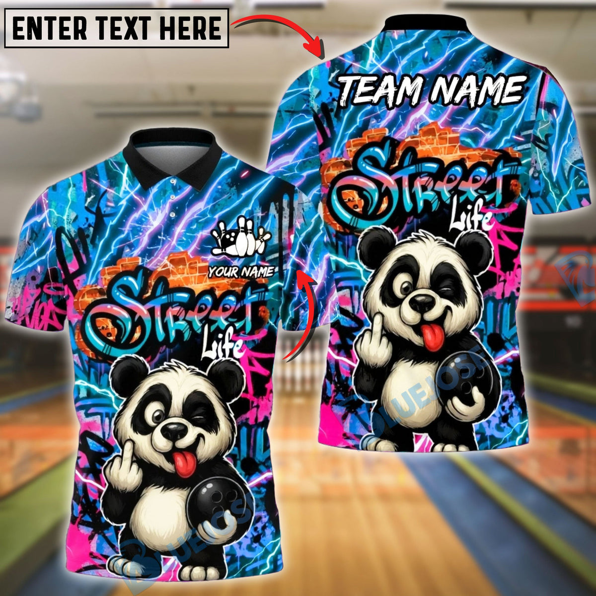 BlueJose Bowling & Pins Street Life Panda Graffiti Neon Flash Customized Name, Team Name 3D Shirt (4 Colors)