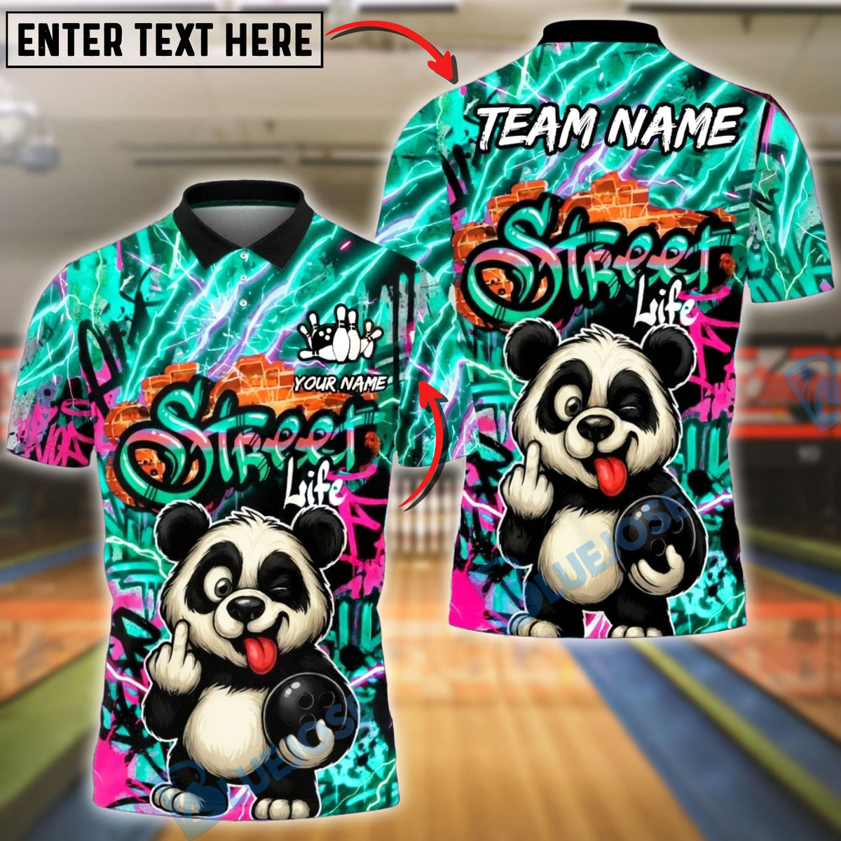 BlueJose Bowling & Pins Street Life Panda Graffiti Neon Flash Customized Name, Team Name 3D Shirt (4 Colors)