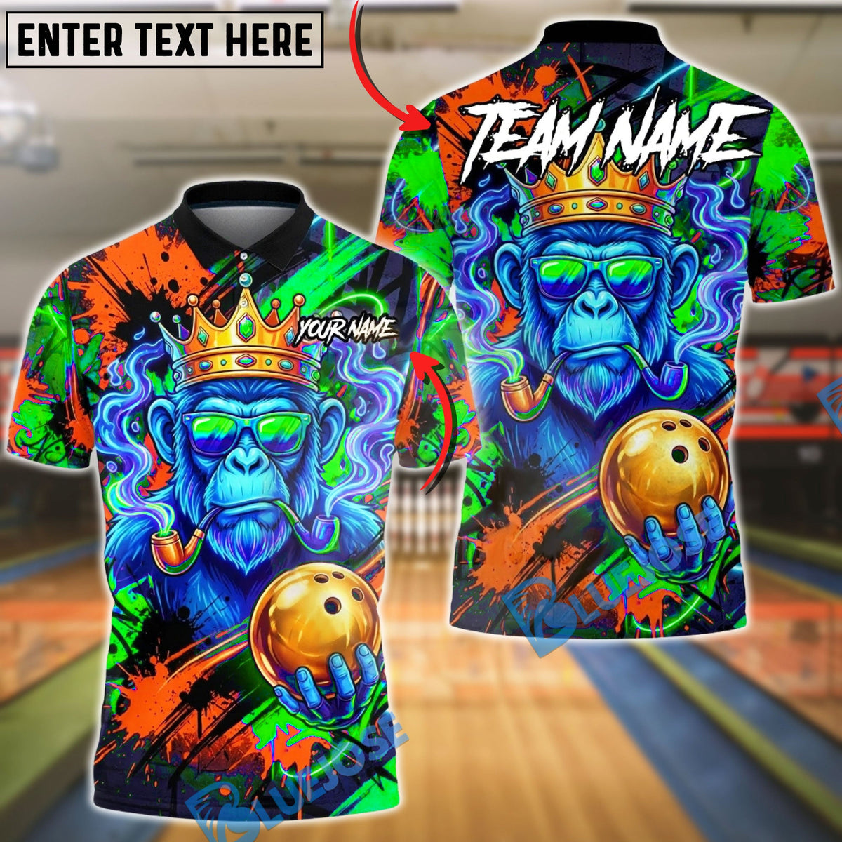 BlueJose Bowling & Pins Gorilla King Neon Graffiti Customized Name, Team Name 3D Shirt (4 Colors)