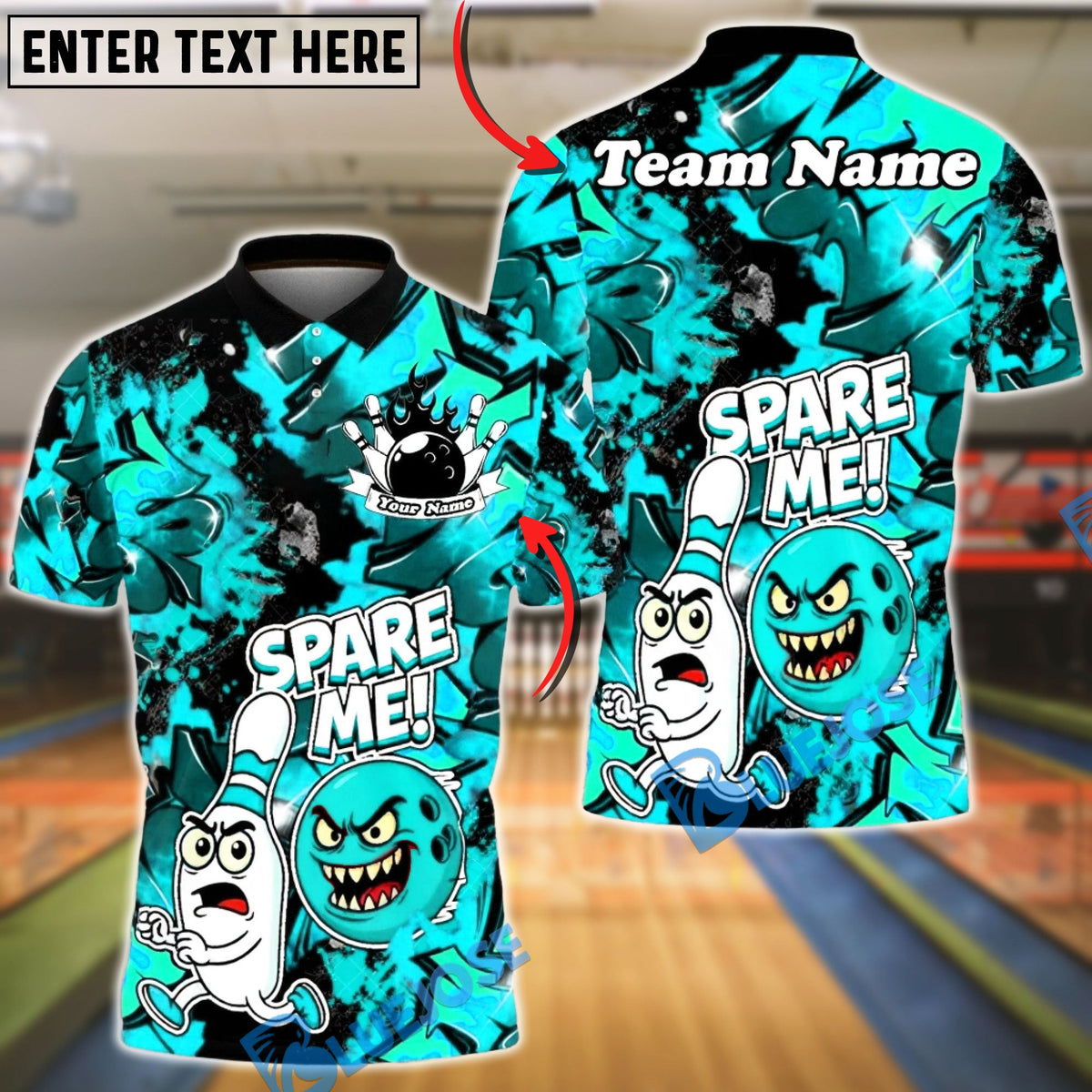 BlueJose Bowling Spare Me Cartoon Fire Burst  Customized Name, Team Name 3D Shirt (4 Colors)