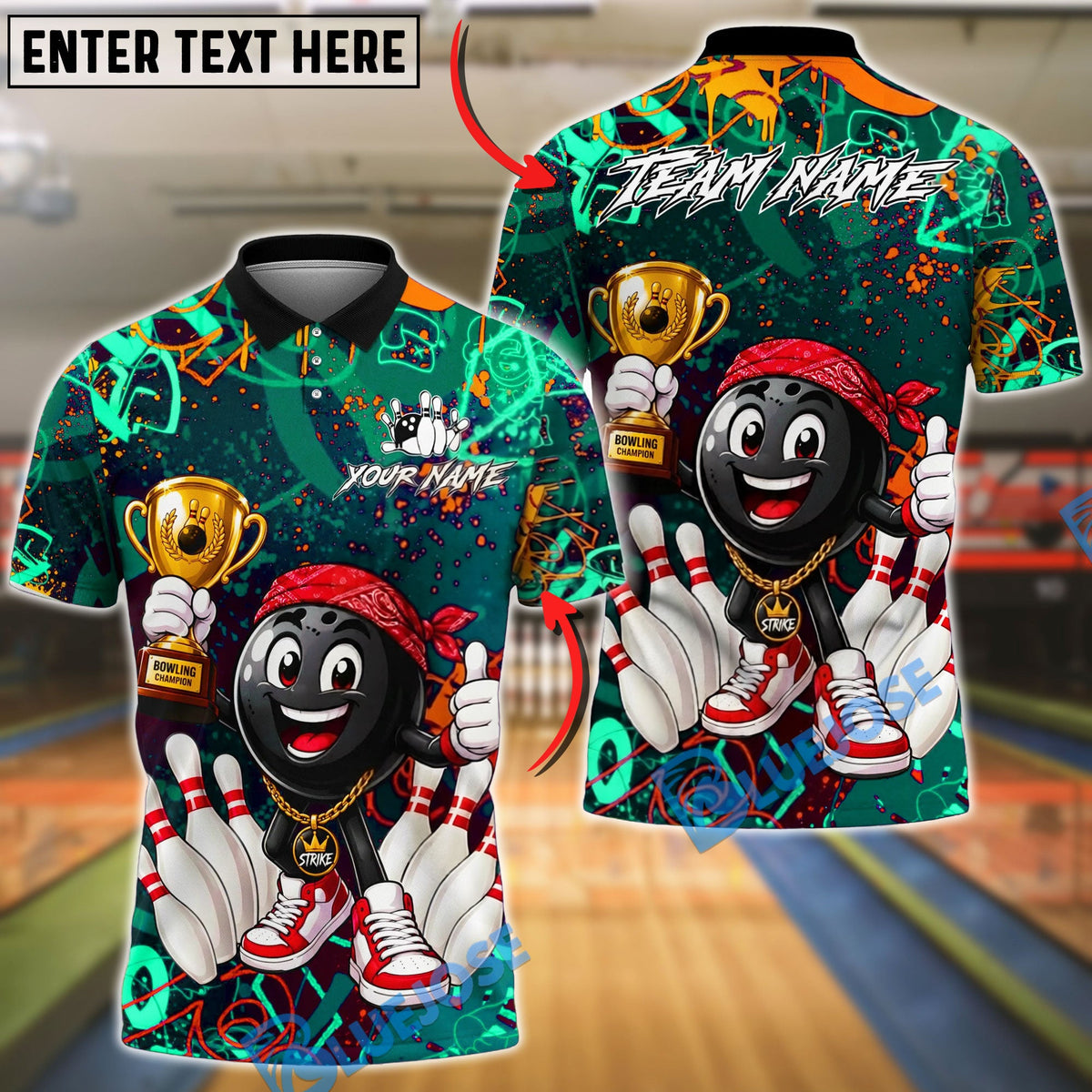 BlueJose Bowling And Pins Champion Funny Cartoon Trophy Customized Name, Team Name 3D Shirt (4 Colors)