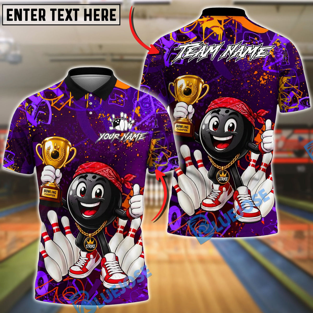 BlueJose Bowling And Pins Champion Funny Cartoon Trophy Customized Name, Team Name 3D Shirt (4 Colors)