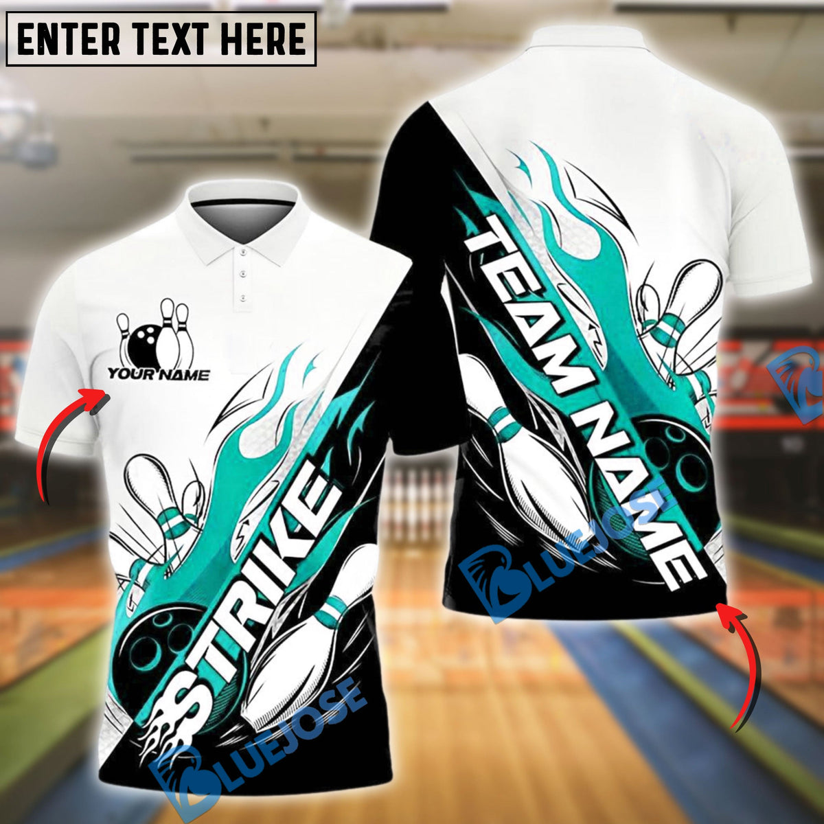 BlueJose Bowling And Pins Flame Strike Customized Name, Team Name 3D Shirt (4 Colors)
