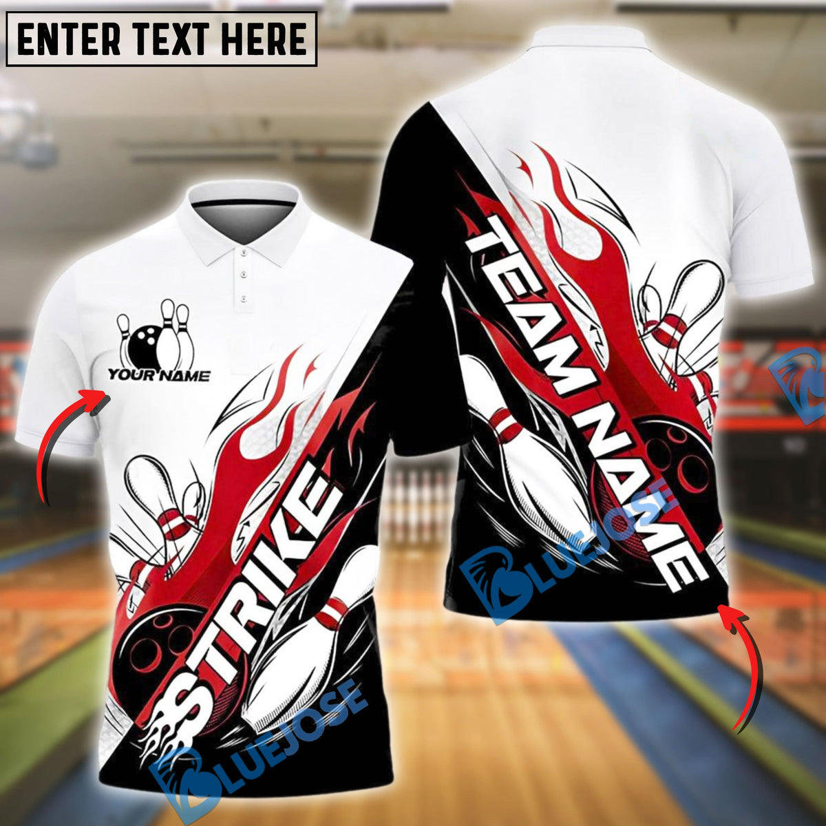 BlueJose Bowling And Pins Flame Strike Customized Name, Team Name 3D Shirt (4 Colors)