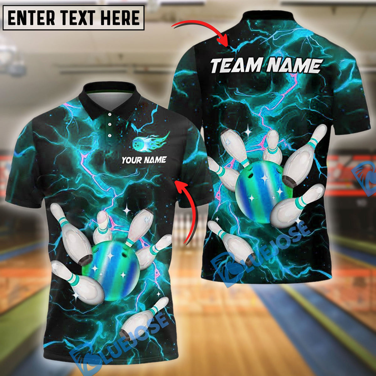 BlueJose Bowling And Pins Galaxy Thunder Lightning Pattern Customized Name, Team Name 3D Shirt (4 Colors)