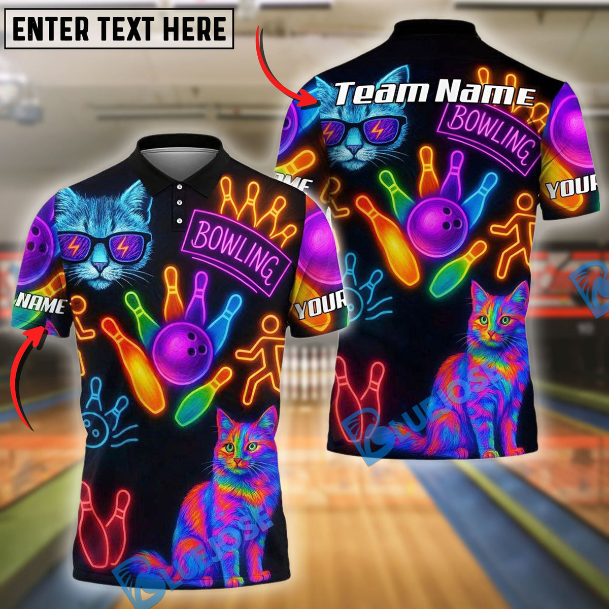 BlueJose Bowling And Pins Neon Cat Pattern Customized Name, Team Name 3D Shirt (4 Colors)