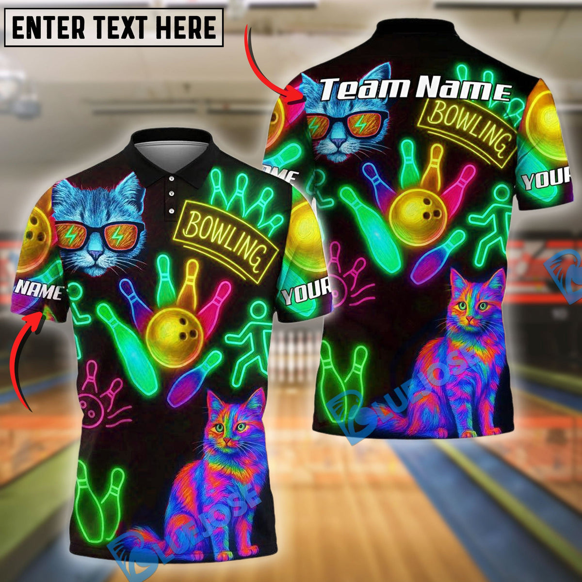 BlueJose Bowling And Pins Neon Cat Pattern Customized Name, Team Name 3D Shirt (4 Colors)