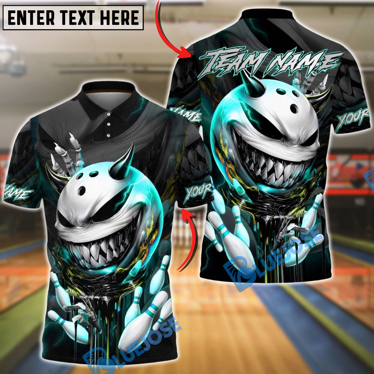 BlueJose Bowling & Pins Menacing Ball Face Green Horror Theme Customized Name, Team Name 3D Shirt (4 Colors)