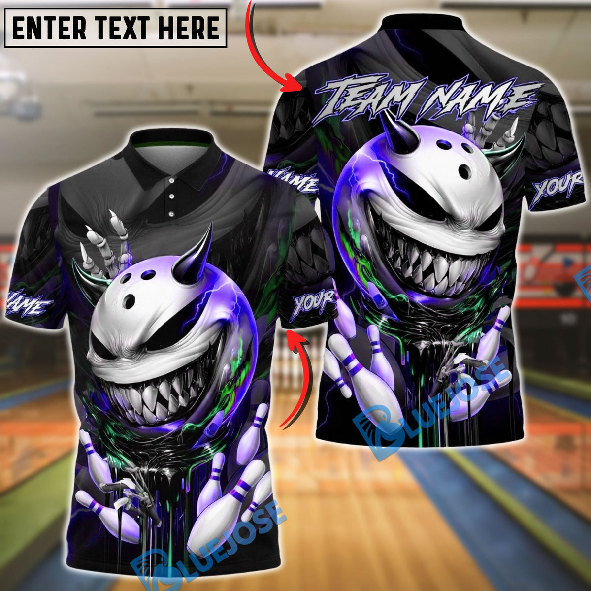 BlueJose Bowling & Pins Menacing Ball Face Green Horror Theme Customized Name, Team Name 3D Shirt (4 Colors)