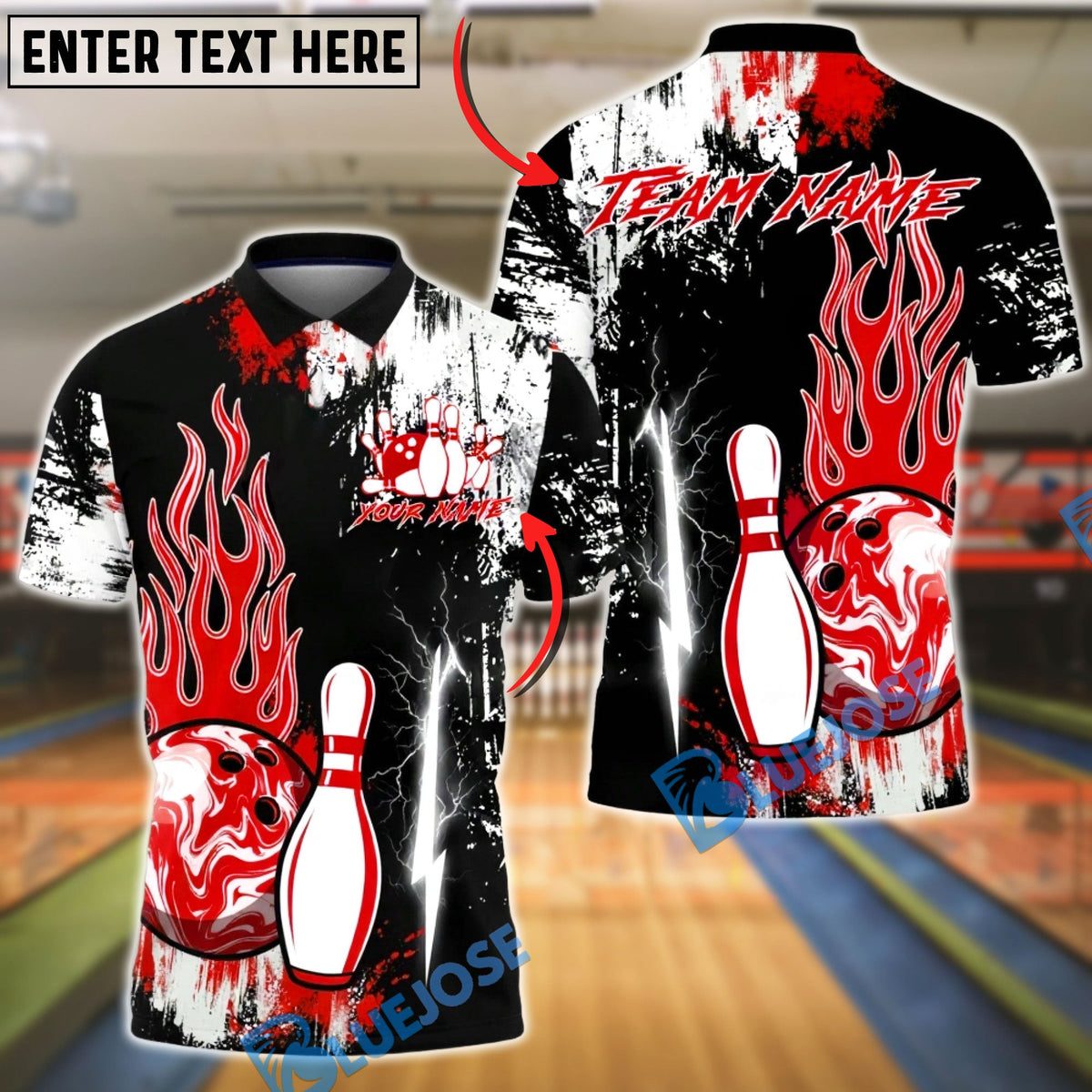 BlueJose Bowling & Pins Power Flame Splash Customized Name, Team Name 3D Shirt (4 Colors)