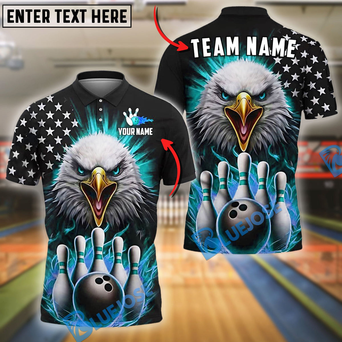 BlueJose Bowling And Pins Fire Eagle USA Flag Pattern Customized Name, Team Name 3D Shirt (4 Colors