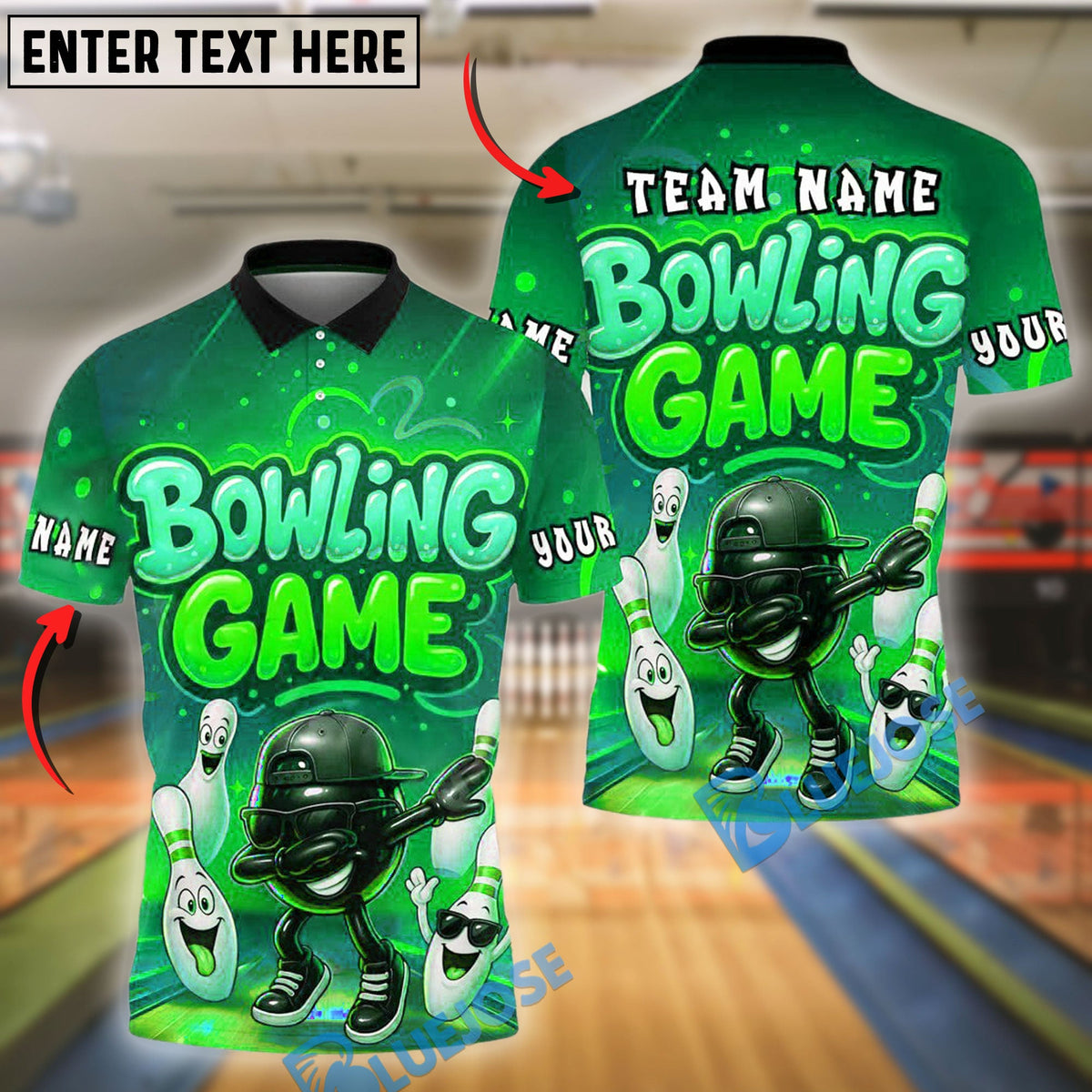BlueJose Bowling And Pins Cartoon Game Vibe Strike Pose Customized Name, Team Name 3D Shirt (4 Colors)
