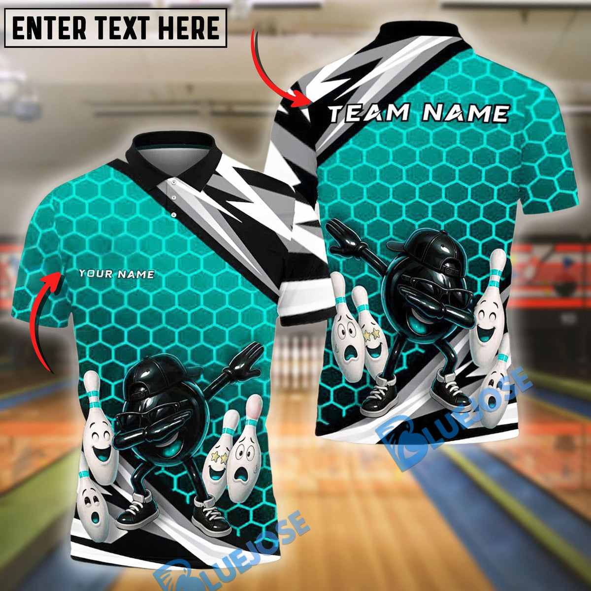 BlueJose Bowling And Pins Dabbing Ball Hex Style Customized Name, Team Name 3D Shirt (4 Colors)