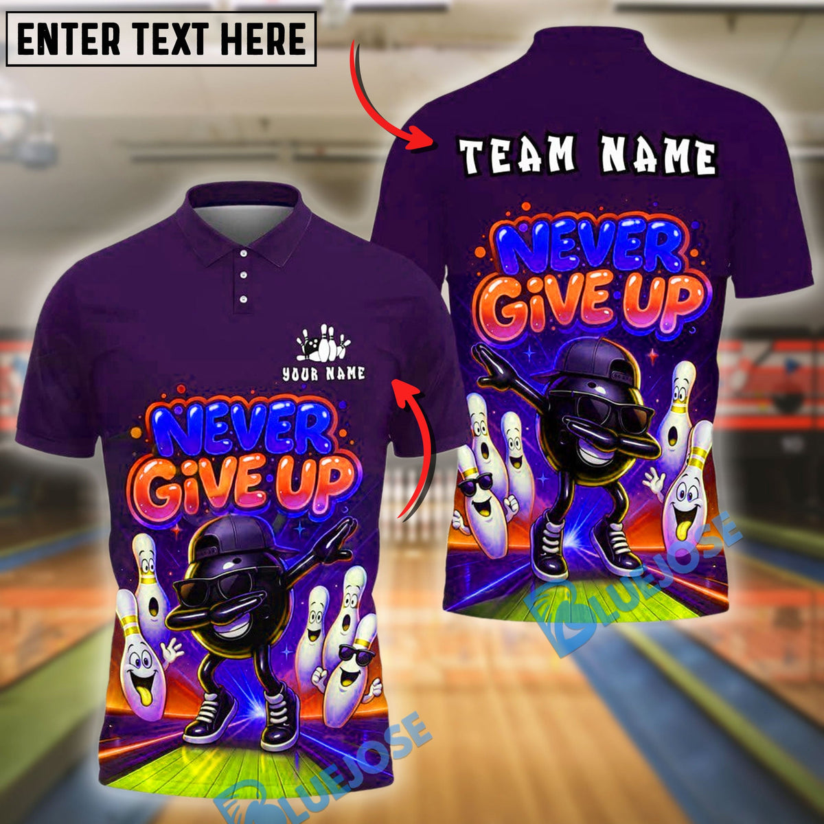 BlueJose Bowling And Pins Motivational Never Give Up Style Customized Name, Team Name 3D Shirt (4 Colors)