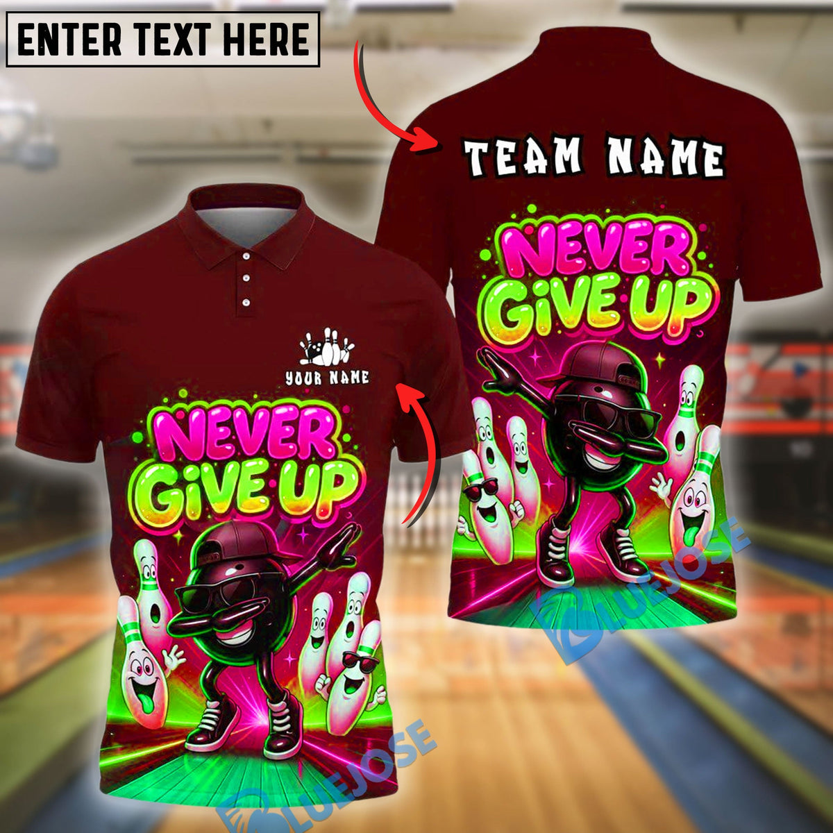 BlueJose Bowling And Pins Motivational Never Give Up Style Customized Name, Team Name 3D Shirt (4 Colors)