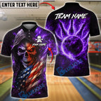BlueJose Bowling & Pins Flaming Skull with American Flag Fire Bowling Ball Back Design Customized Name, Team Name 3D Shirt (4 Colors)