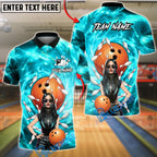 BlueJose Bowling And Pins Gothic Girl Orange Ball Blue Galaxy Background Customized Name, Team Name 3D Shirt (4 Colors)
