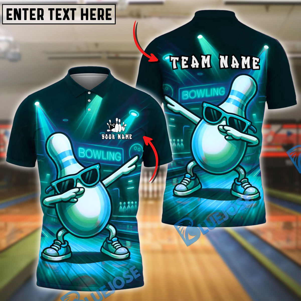 BlueJose Bowling And Pins Neon Party Pin Dabbing Style Customized Name, Team Name 3D Shirt (4 Colors)