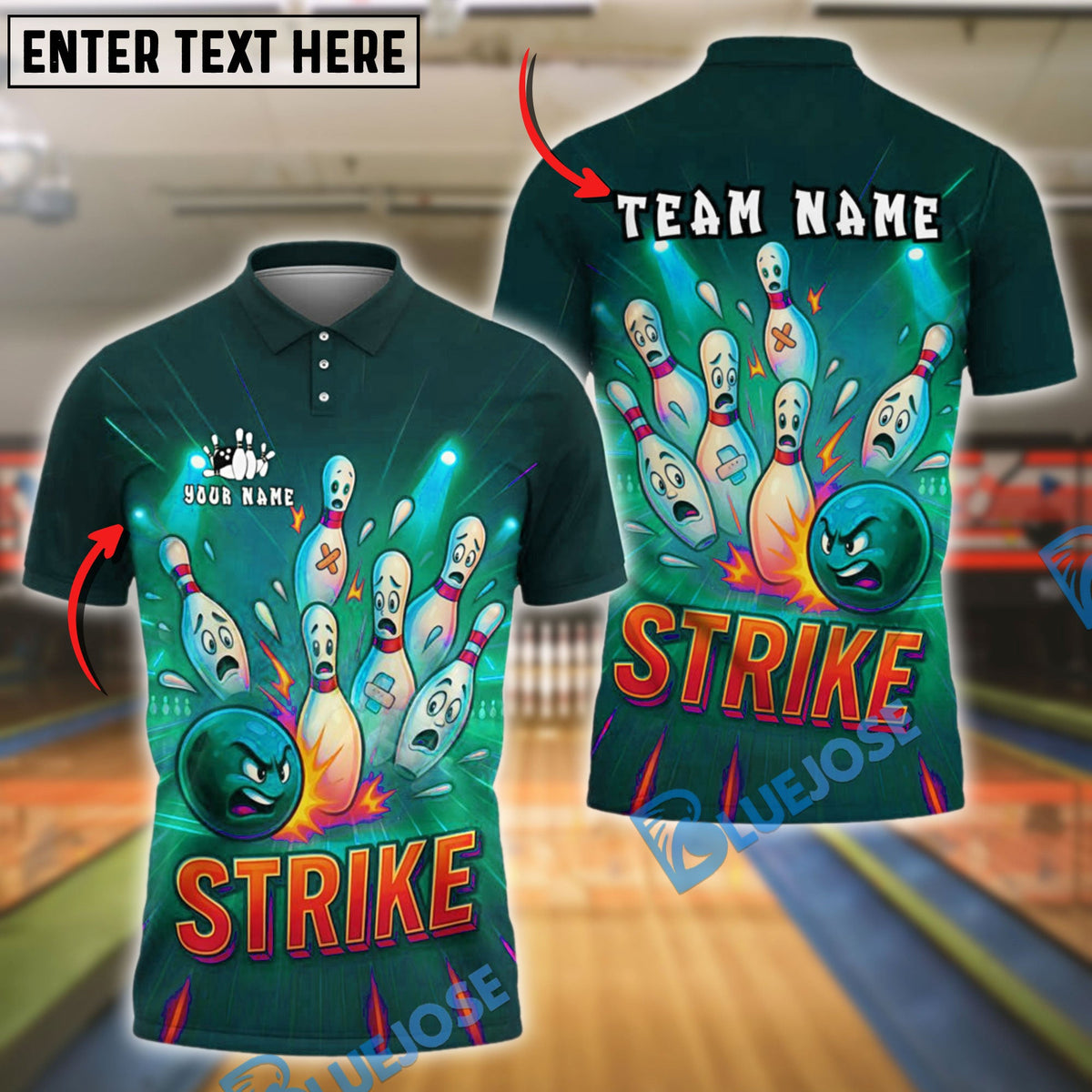 BlueJose Bowling And Pins Angry Ball Strike Explosion Style Customized Name, Team Name 3D Shirt (4 Colors)