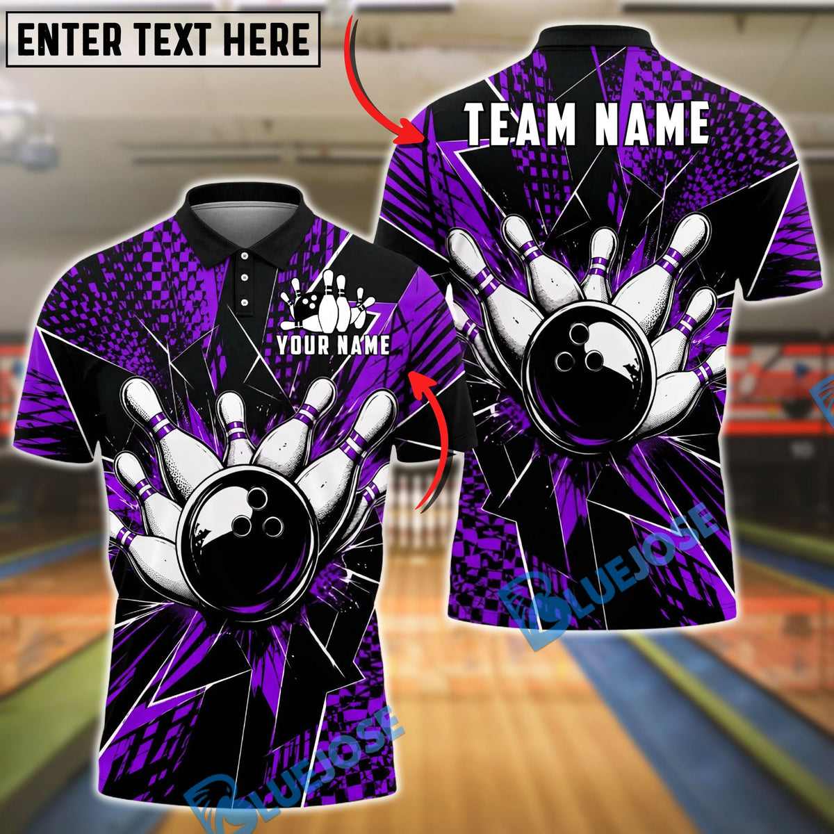 BlueJose Bowling And Pins Impact Black Shatter Customized Name, Team Name 3D Shirt (4 Colors)