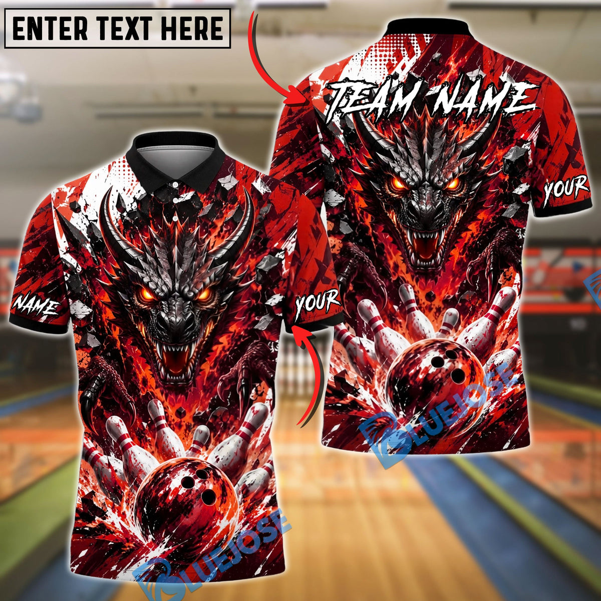 BlueJose Bowling And Pins Impact Dragon Splash Art Fury Customized Name, Team Name 3D Shirt (4 Colors)
