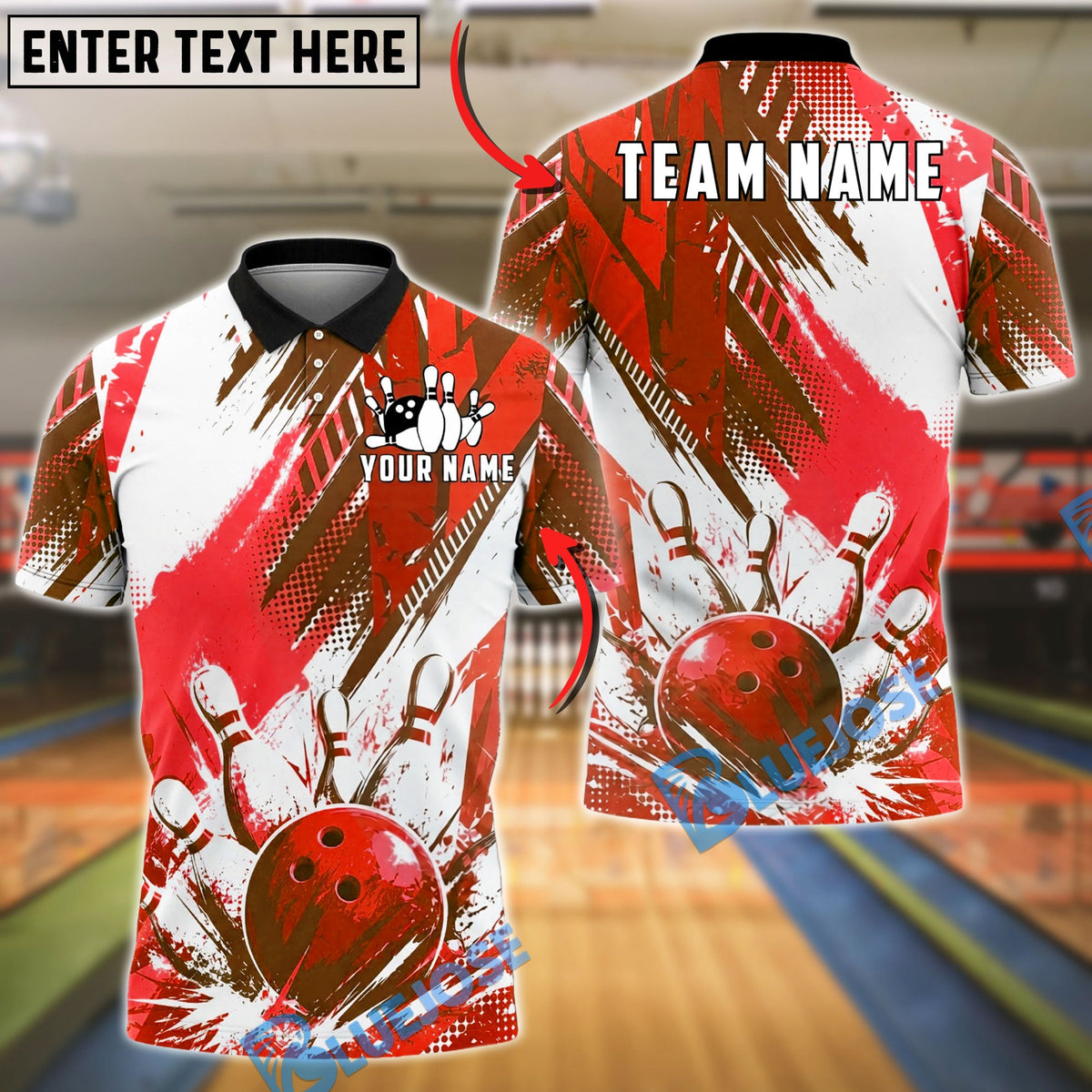 BlueJose Bowling And Pins Splash Grunge Customized Name, Team Name 3D Shirt (6 Colors)