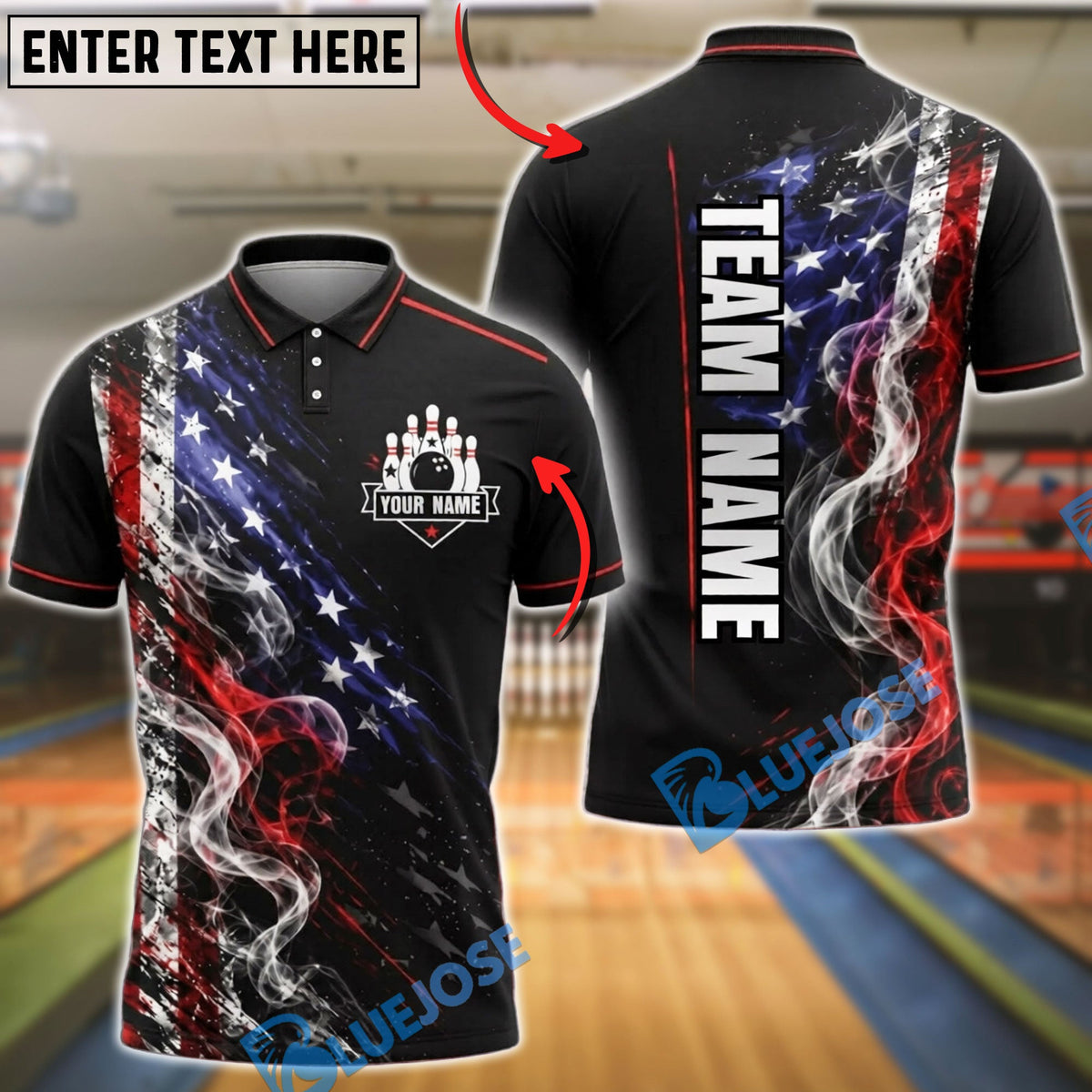 BlueJose Bowling American Flag Patriotic Smoke Customized Name, Team Name 3D Shirt