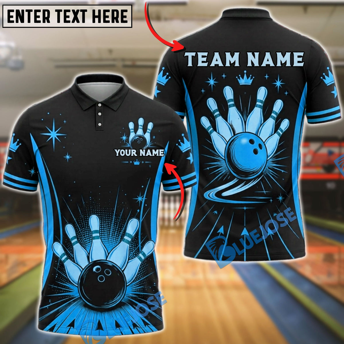 BlueJose Bowling Retro Royal Crown Starburst Customized Name, Team Name 3D Shirt (6 Colors)