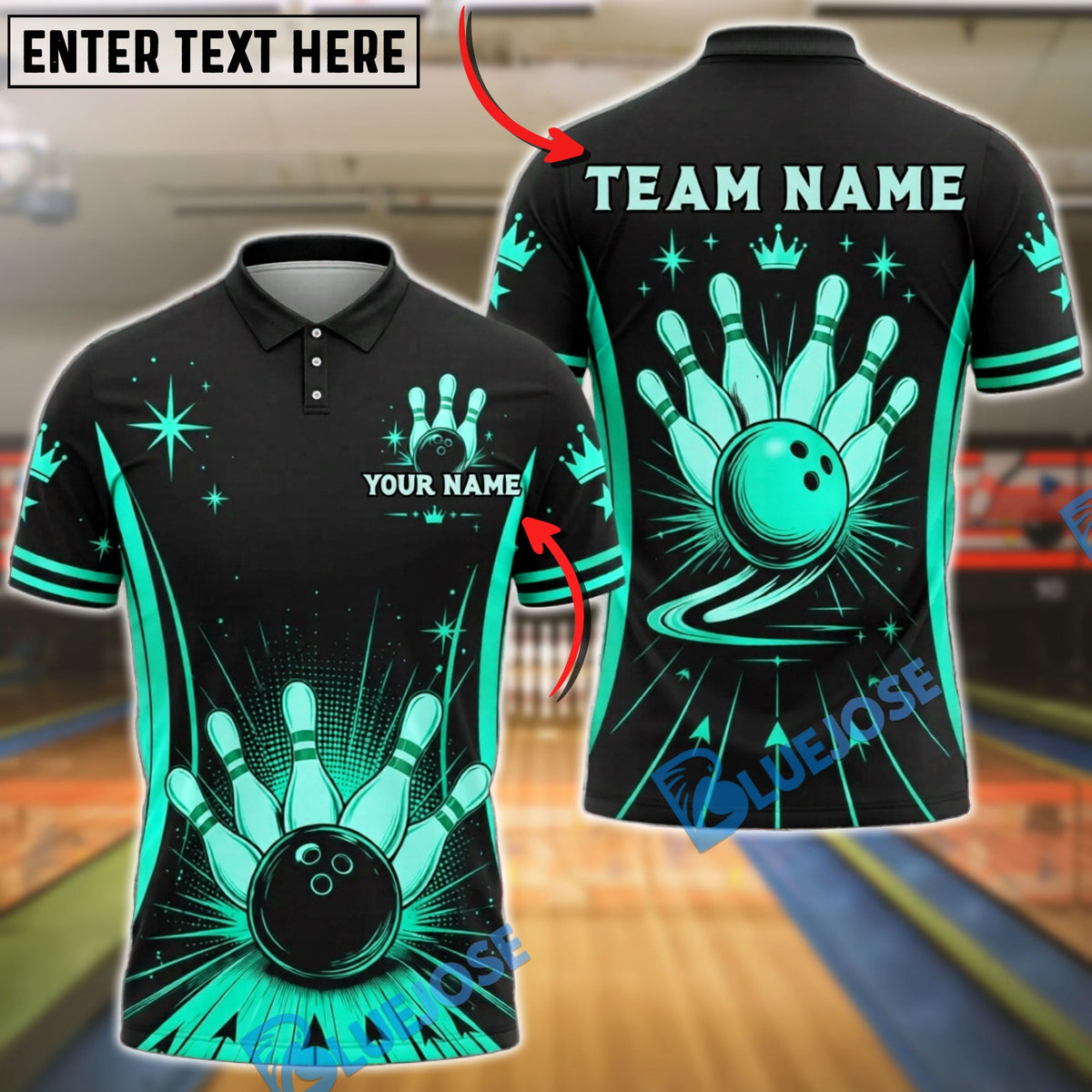 BlueJose Bowling Retro Royal Crown Starburst Customized Name, Team Name 3D Shirt (6 Colors)