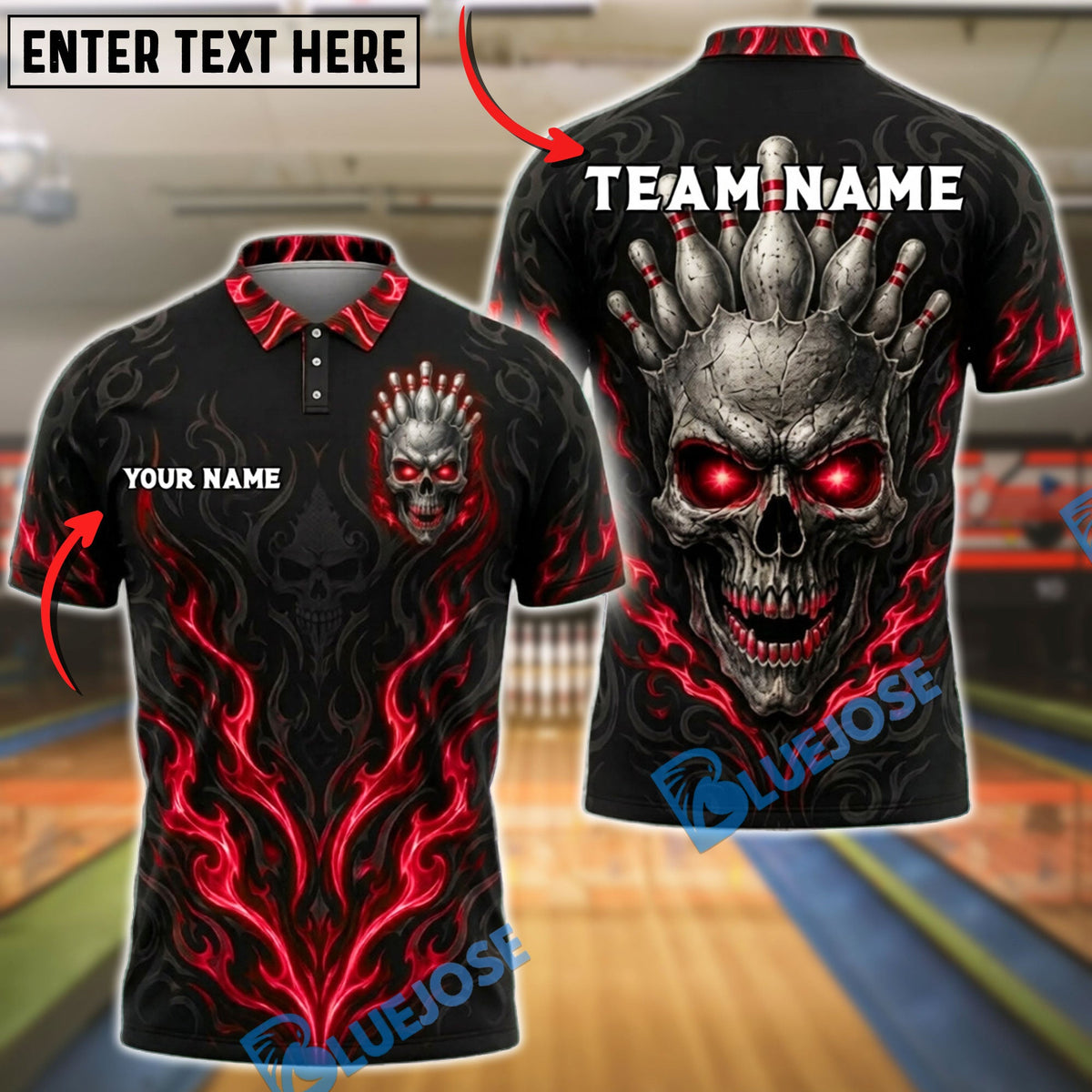 BlueJose Bowling Demon Skull Flame Customized Name, Team Name 3D Shirt (4 Colors)