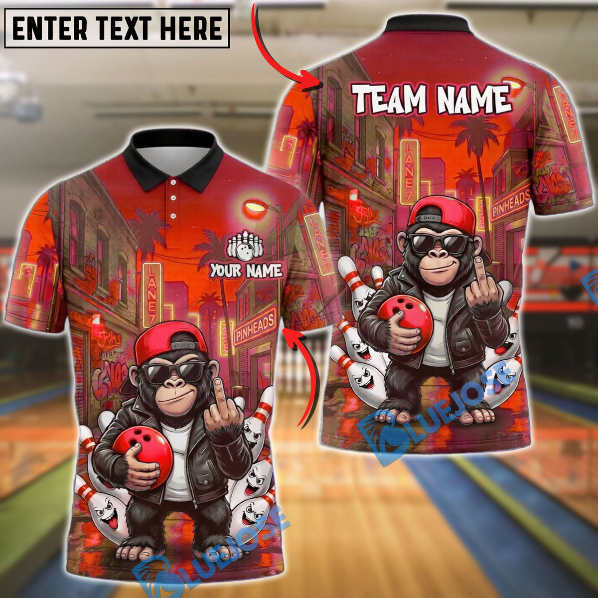 BlueJose Bowling Cool Gorilla Neon City Customized Name, Team Name 3D Shirt (4 Colors)