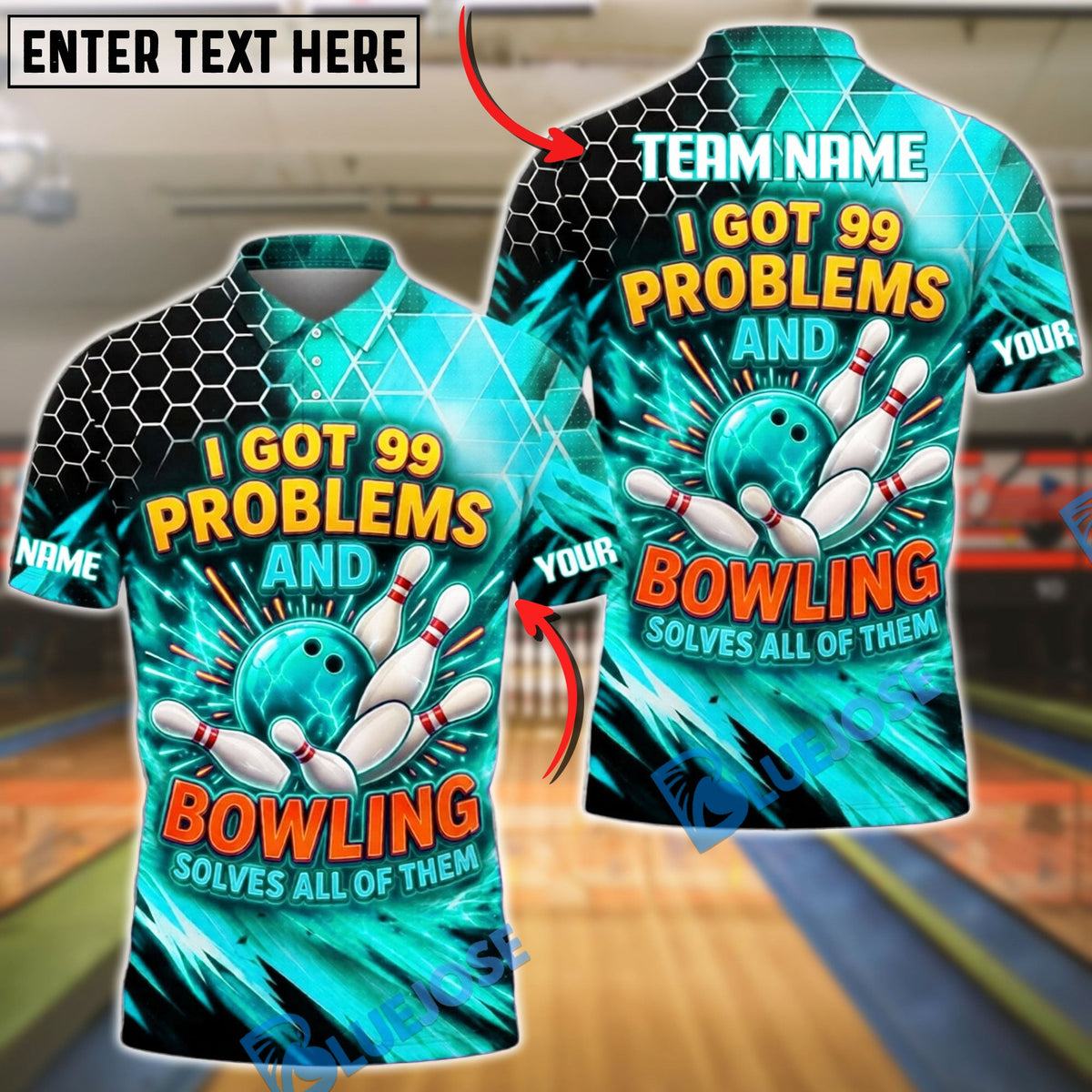 BlueJose Bowling Neon Hexagon Funny 99 Problems Quote Customized Name, Team Name 3D Shirt (4 Colors)