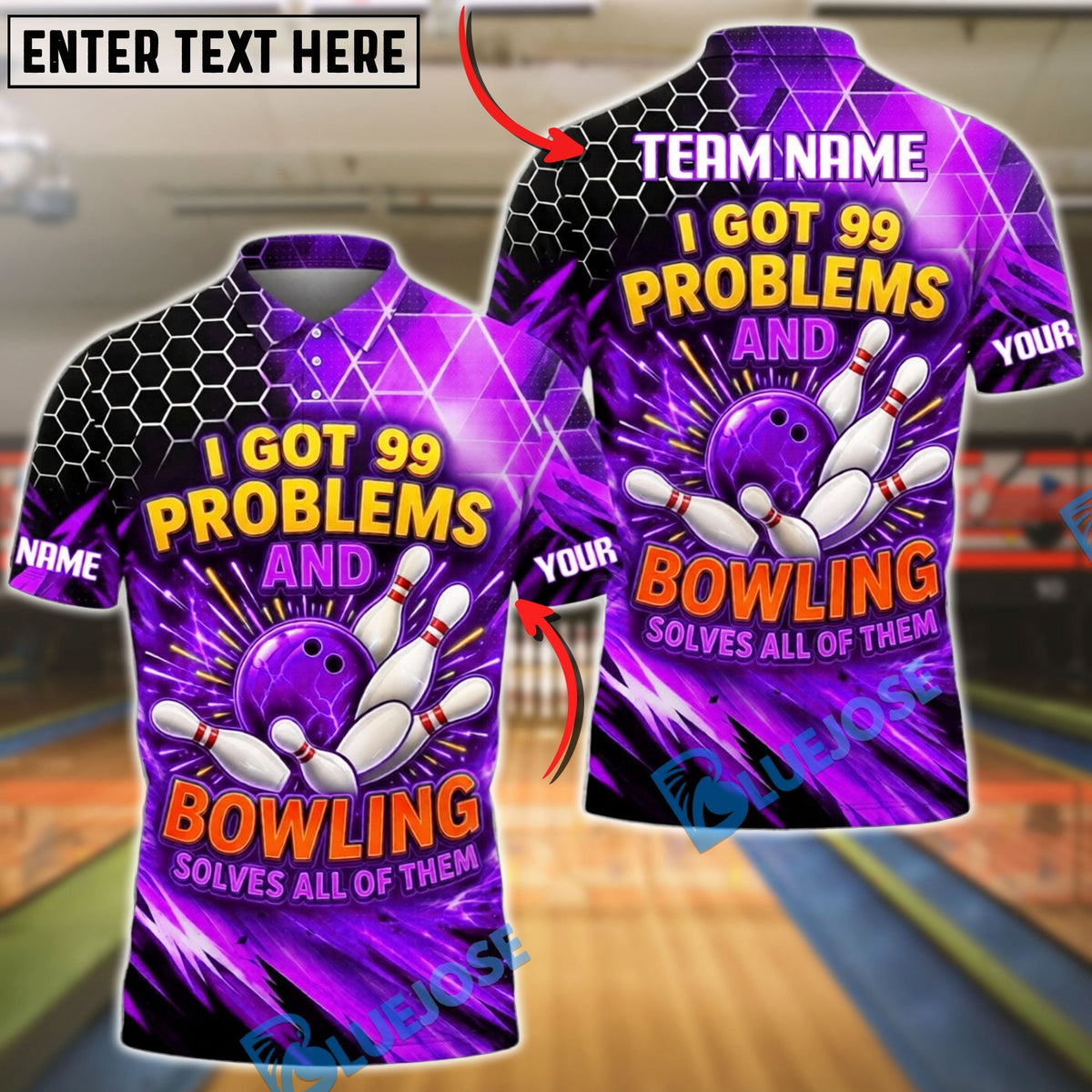 BlueJose Bowling Neon Hexagon Funny 99 Problems Quote Customized Name, Team Name 3D Shirt (4 Colors)