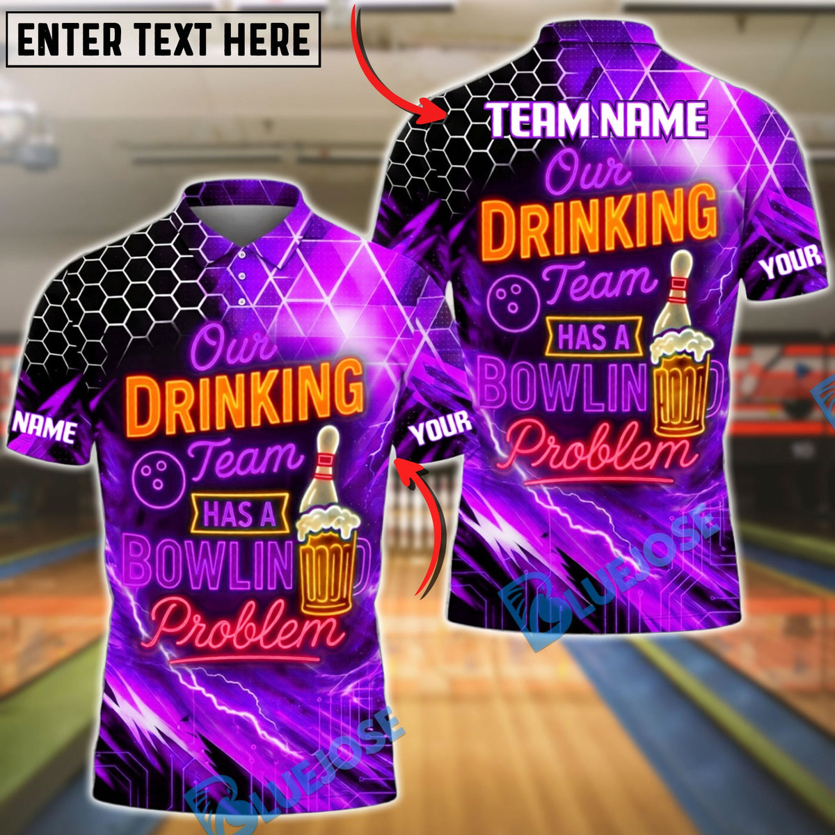 BlueJose Bowling Neon Hexagon Drinking Team Beer Quote Customized Name, Team Name 3D Shirt (4 Colors)