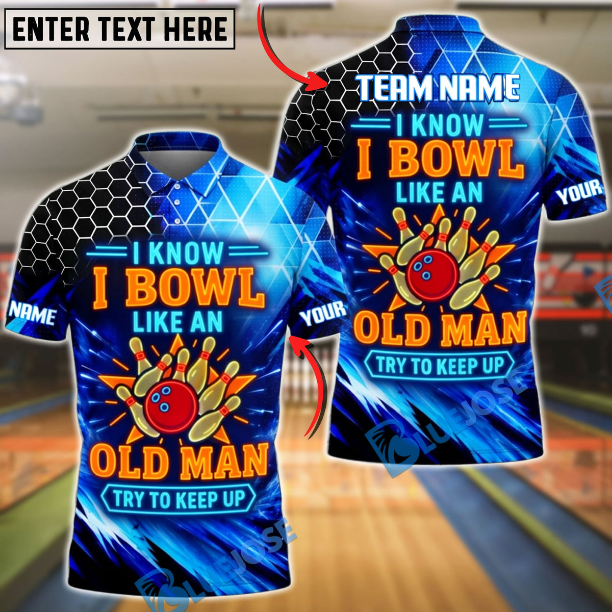 BlueJose Bowling Neon Hexagon Old Man Funny Quote Customized Name, Team Name 3D Shirt (4 Colors)