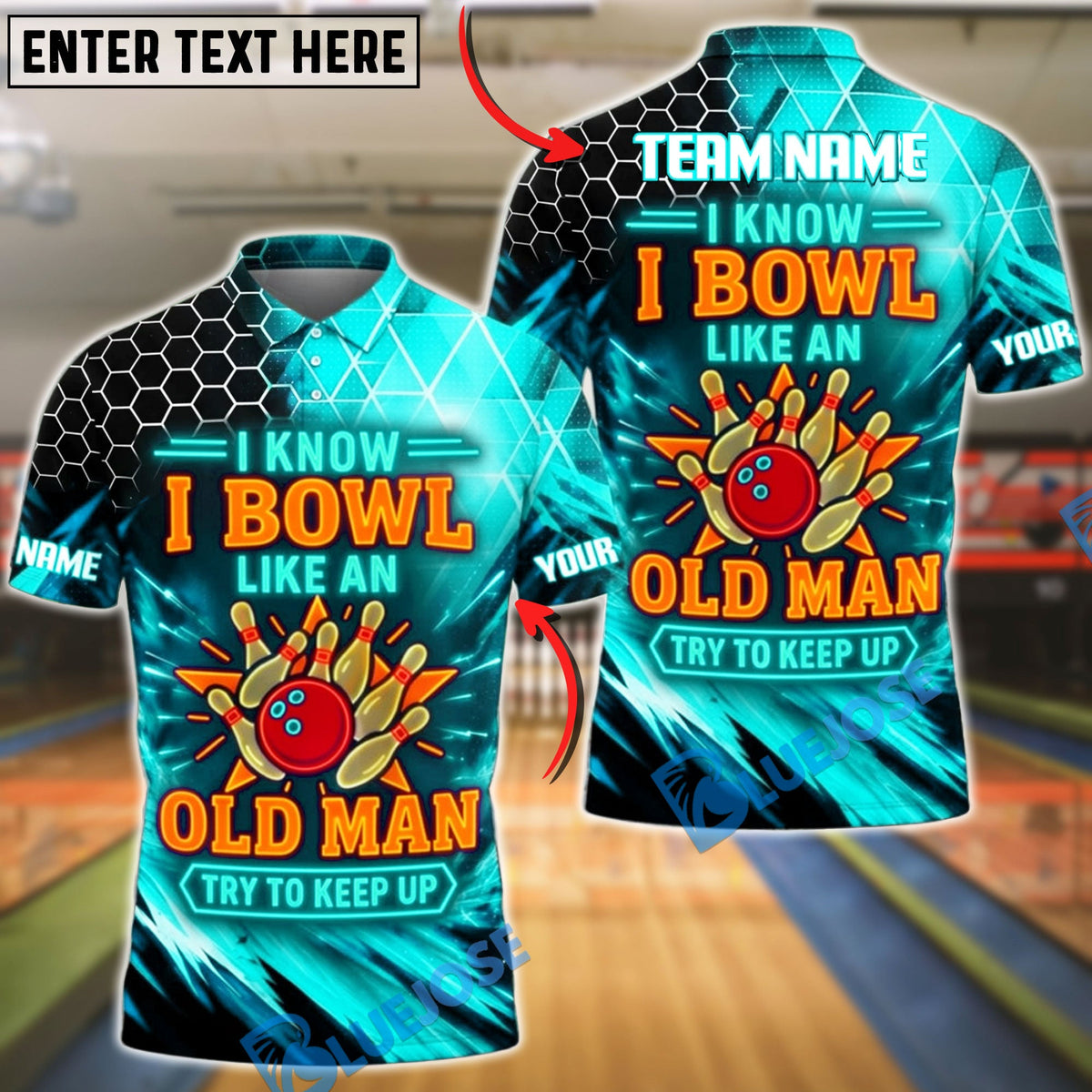 BlueJose Bowling Neon Hexagon Old Man Funny Quote Customized Name, Team Name 3D Shirt (4 Colors)