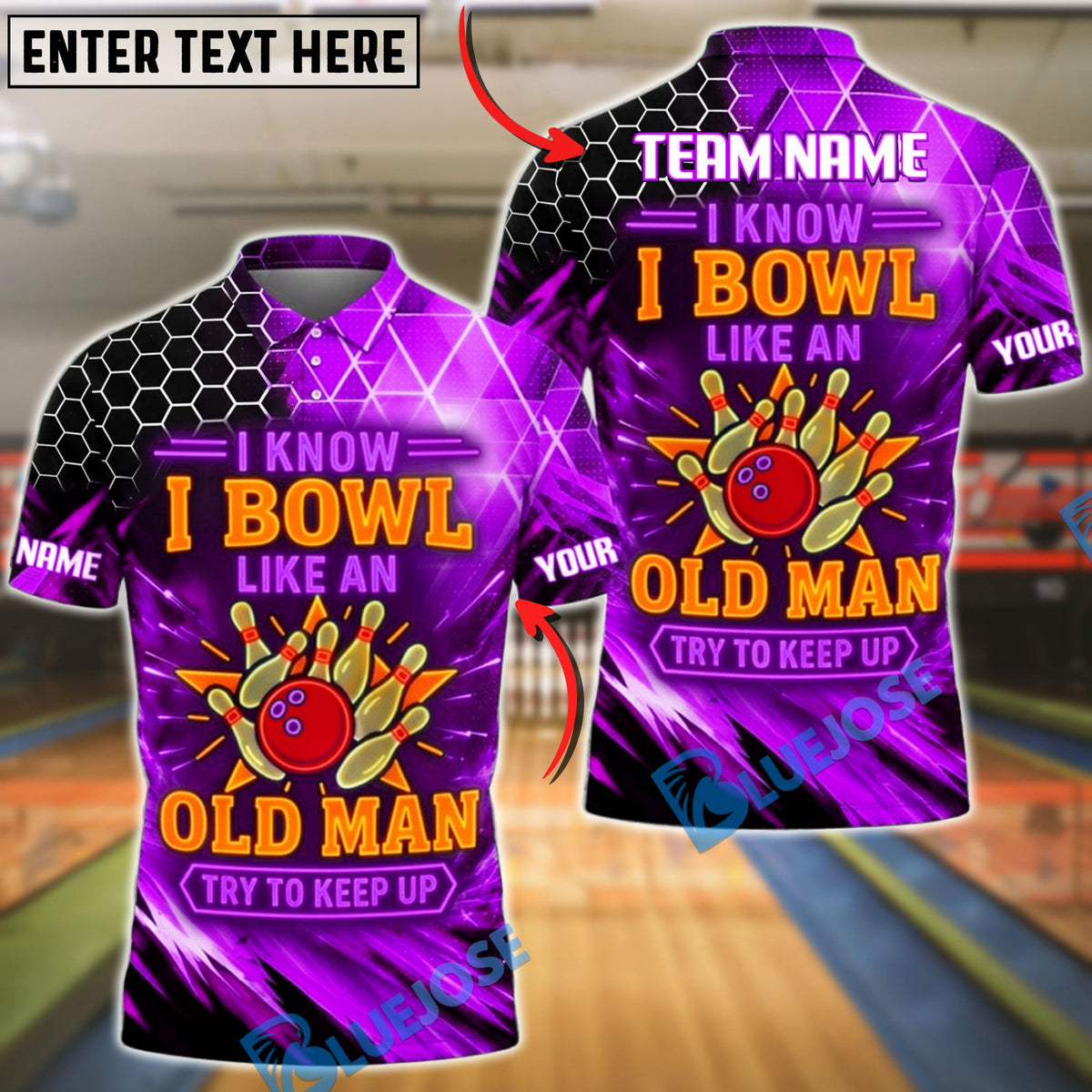 BlueJose Bowling Neon Hexagon Old Man Funny Quote Customized Name, Team Name 3D Shirt (4 Colors)