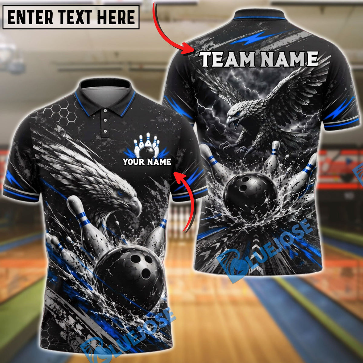 BlueJose Bowling Eagle Lightning Cut Strike Customized Name, Team Name 3D Shirt (4 Colors)