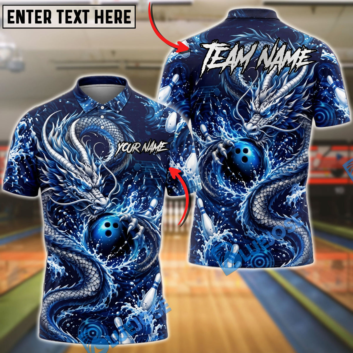BlueJose Bowling Ornamental Dragon Energy Swirl Customized Name, Team Name 3D Shirt (4 Colors)