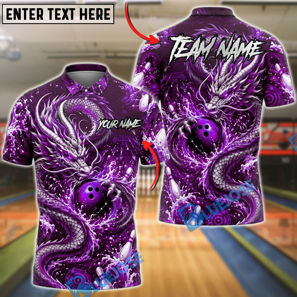 BlueJose Bowling Ornamental Dragon Energy Swirl Customized Name, Team Name 3D Shirt (4 Colors)