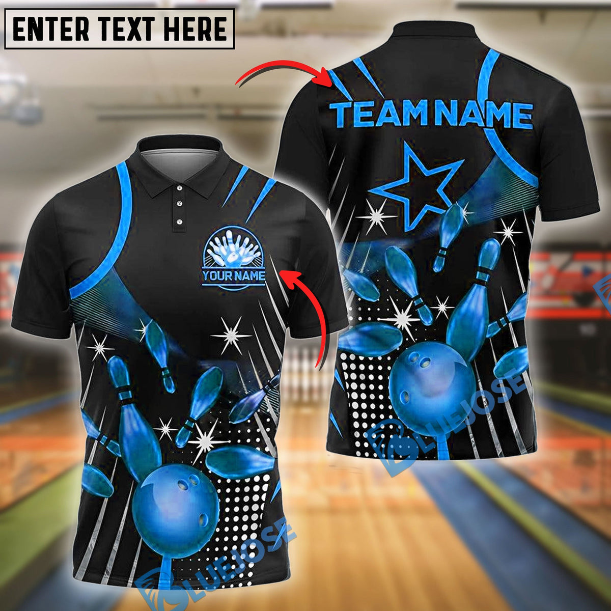 BlueJose Bowling And Pins Golden Star Style Customized Name, Team Name 3D Shirt (4 Colors)