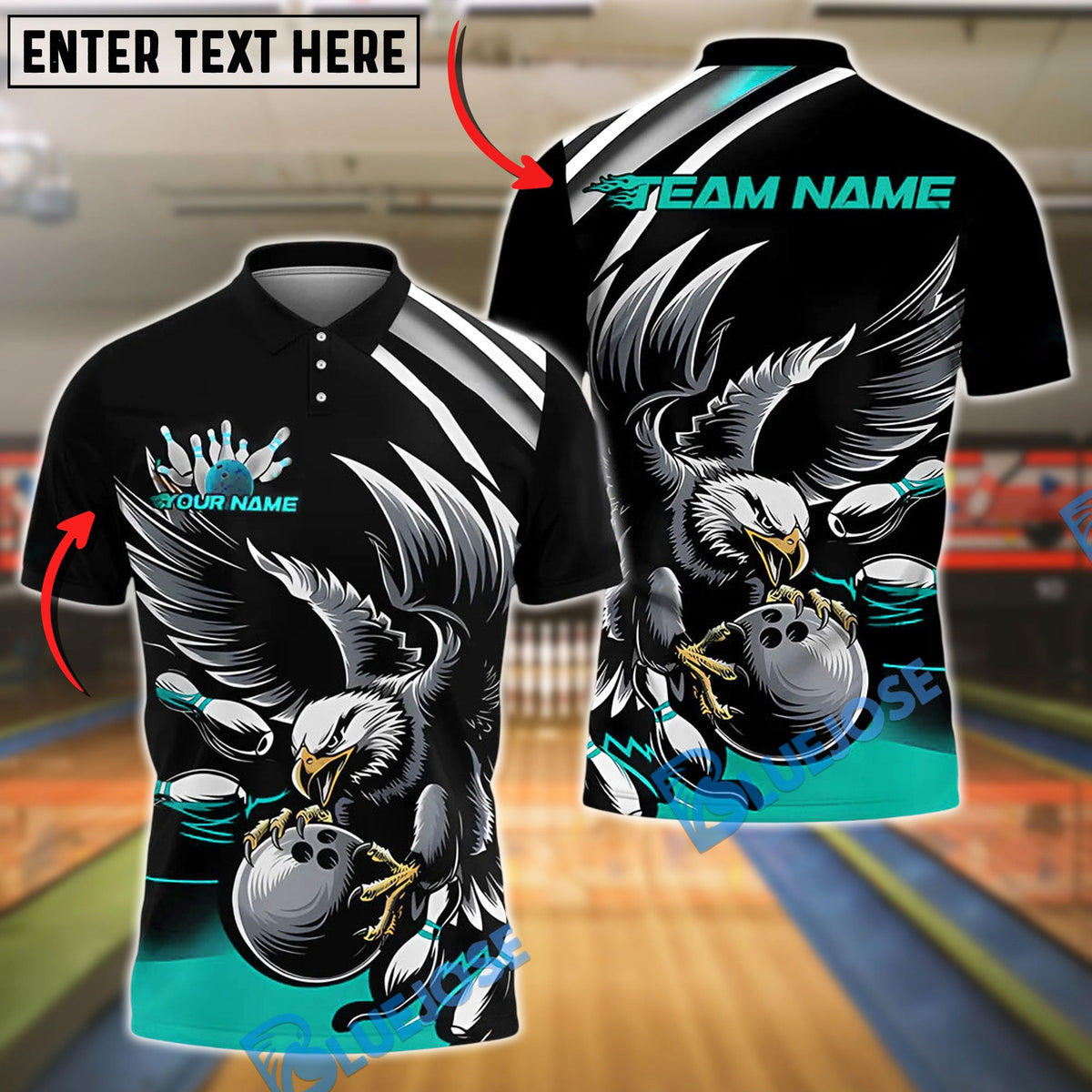 BlueJose Bowling And Pins Black Eagle Customized Name, Team Name 3D Shirt (4 Colors)