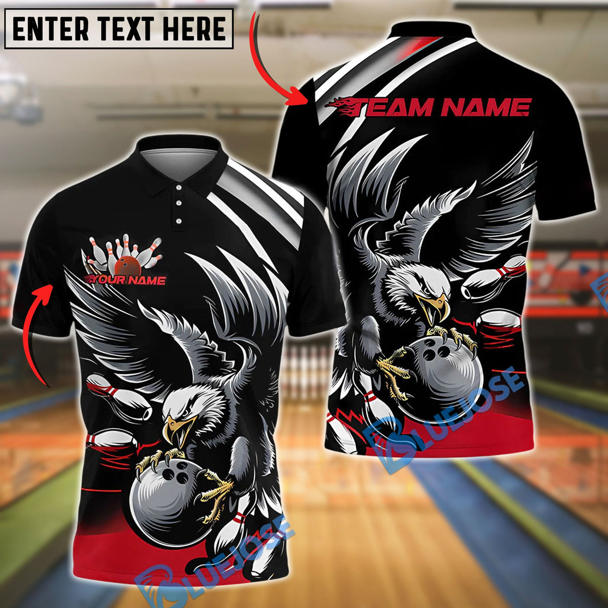 BlueJose Bowling And Pins Black Eagle Customized Name, Team Name 3D Shirt (4 Colors)