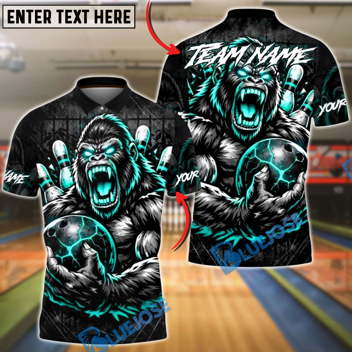 BlueJose Bowling & Pins Angry Gorilla Power Graphic Customized Name, Team Name 3D Shirt (4 Colors)