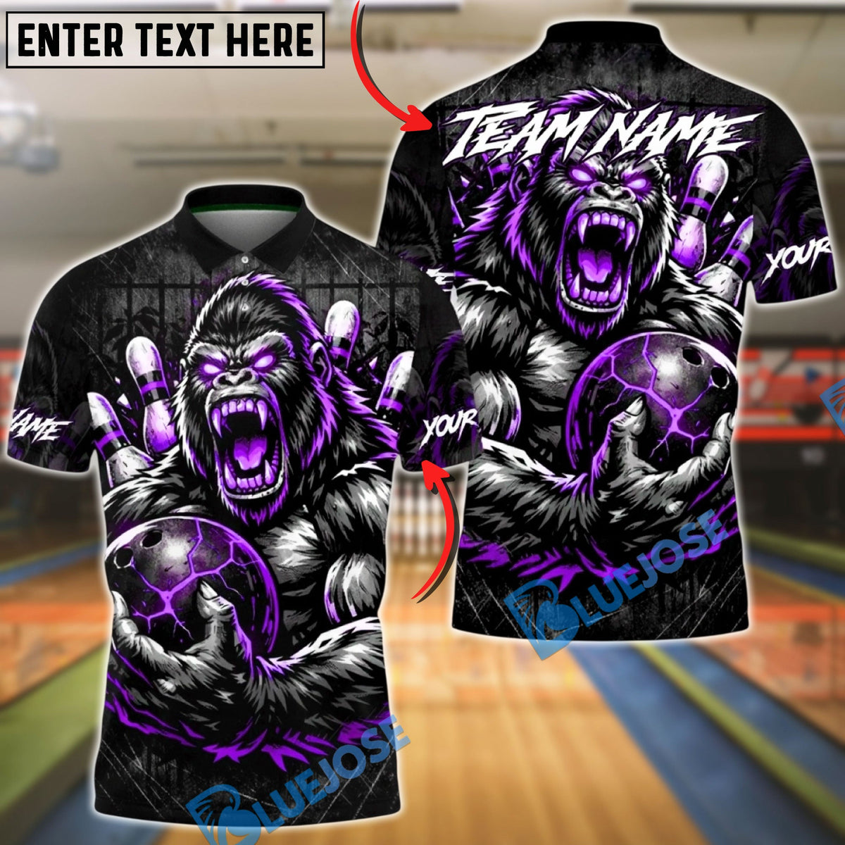 BlueJose Bowling & Pins Angry Gorilla Power Graphic Customized Name, Team Name 3D Shirt (4 Colors)