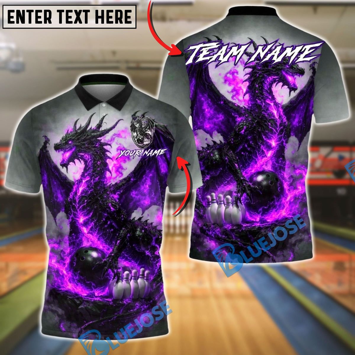BlueJose Bowling & Pins Flaming Dragon Power Strike Design Customized Name, Team Name 3D Shirt (4 Colors)