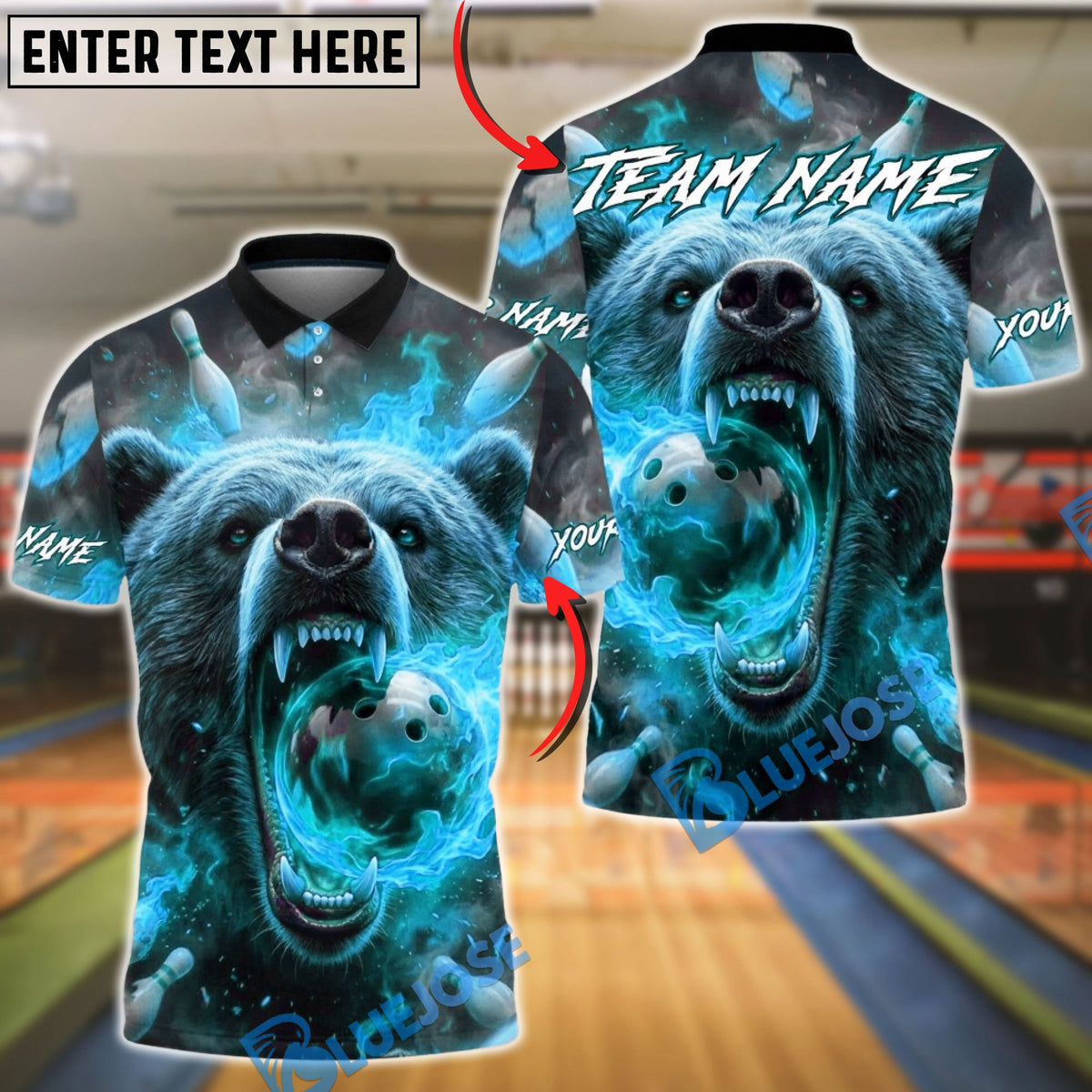 BlueJose Bowling & Pins Fierce Bear Fire Artwork Customized Name, Team Name 3D Shirt (4 Colors)